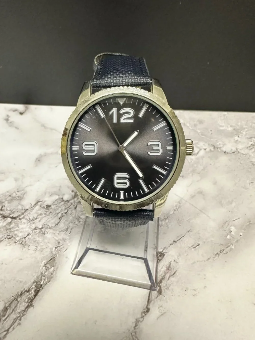 3/$30 Accutime Watch Men Silver Tone Blue Faux Leather Band 40MM Round